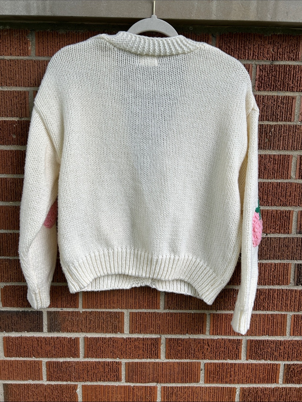 Cottagecore Cream Knit Cardigan with Pink Strawberry Appliqués - Picture 6 of 6